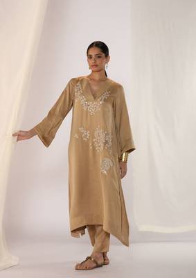 Champagne embroidered linen kurta sets 1
