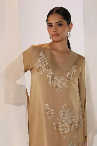 Champagne embroidered linen kurta sets