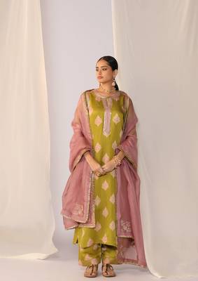 Light green embroidered satin kurta sets 1
