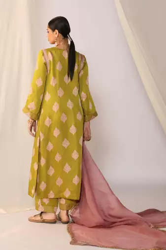 Light green embroidered satin kurta sets