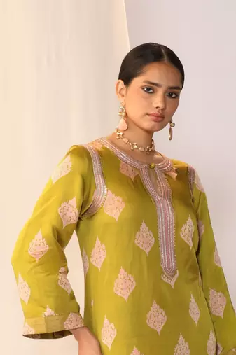 Light green embroidered satin kurta sets