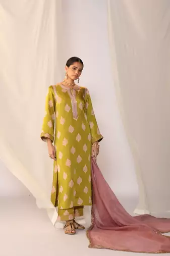 Light green embroidered satin kurta sets