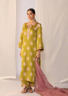 Light green embroidered satin kurta sets 5
