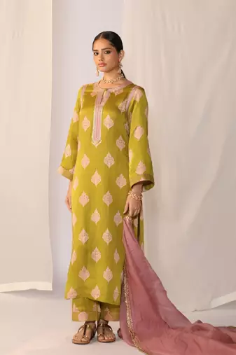 Light green embroidered satin kurta sets