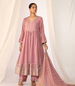 Baby pink woven silk kurta sets