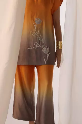 Saffron embroidered sequins work linen co ord sets
