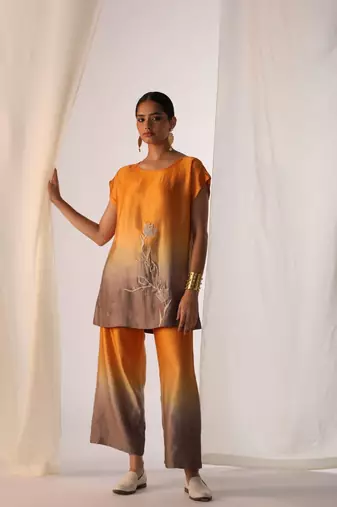 Saffron embroidered sequins work linen co ord sets