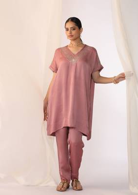 Baby pink embroidered sequins work linen co ord sets 1