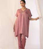 Baby pink embroidered sequins work linen co ord sets