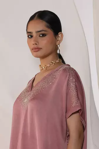 Baby pink embroidered sequins work linen co ord sets