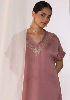 Baby pink embroidered sequins work linen co ord sets 4