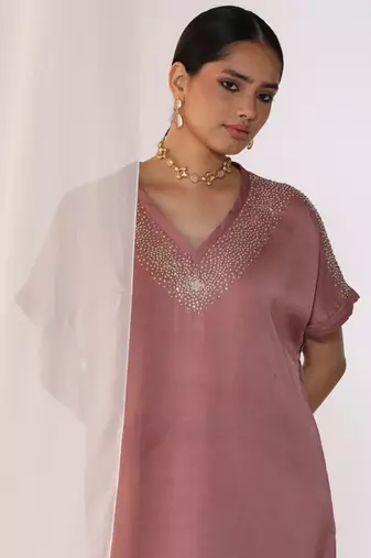 Baby pink embroidered sequins work linen co ord sets