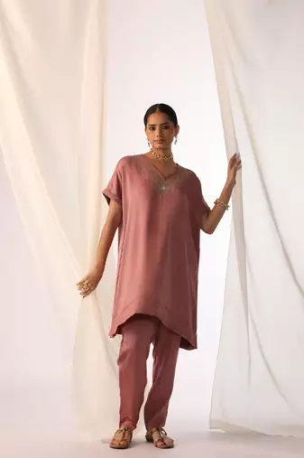 Baby pink embroidered sequins work linen co ord sets