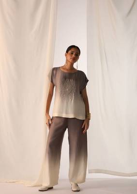 Grey embroidered sequins work linen co ord sets 1