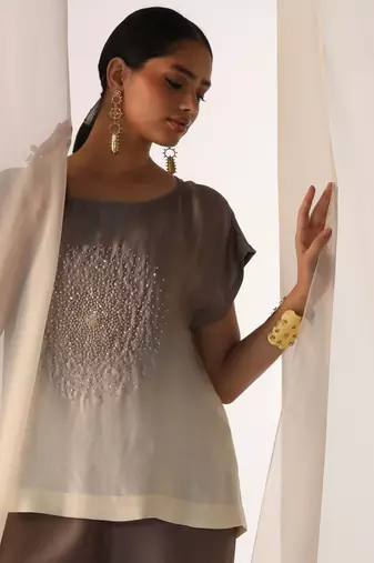 Grey embroidered sequins work linen co ord sets