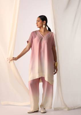 Baby pink embroidered sequins work linen co ord sets 1