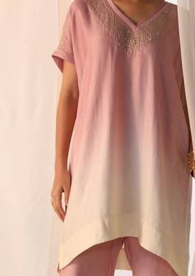 Baby pink embroidered sequins work linen co ord sets 3