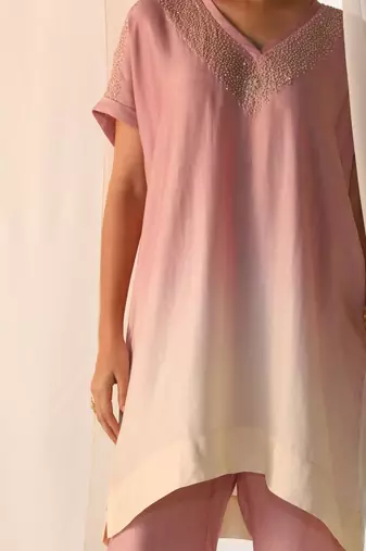 Baby pink embroidered sequins work linen co ord sets