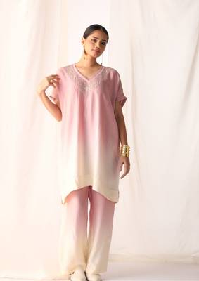 Baby pink embroidered sequins work linen co ord sets 5