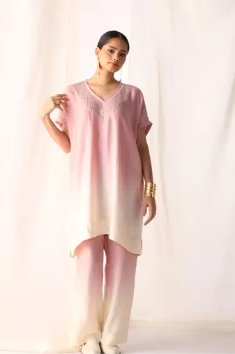 Baby pink embroidered sequins work linen co ord sets