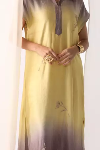 Lemon embroidered sequins work linen fusion wear