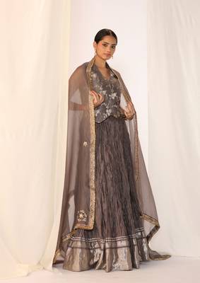 Grey embroidered gota patti silk fusion wear 1