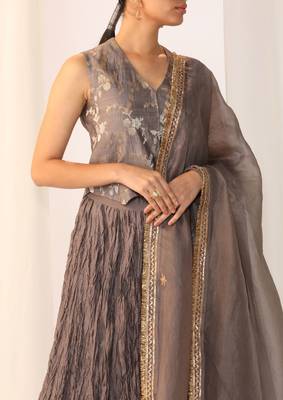 Grey embroidered gota patti silk fusion wear 3