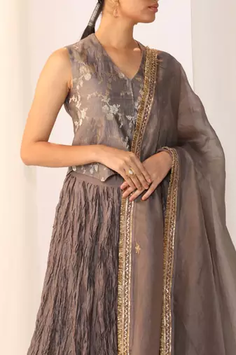 Grey embroidered gota patti silk fusion wear
