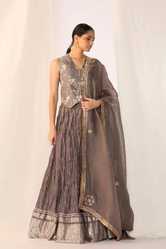 Grey embroidered gota patti silk fusion wear