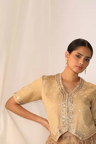 Champagne embroidered gota patti silk fusion wear