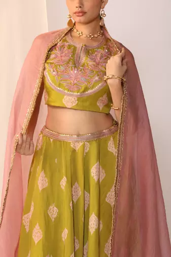 Block Printed Satin Lehenga Choli Set