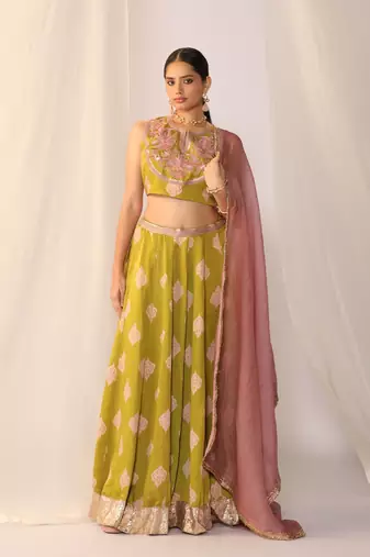 Block Printed Satin Lehenga Choli Set