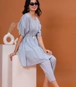 Women cotton 60-60 fabric blue color v neck above knee length half sleeve tunic pant