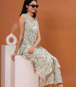 Women white texture bandani block print rayon fabric sleeveless coords set