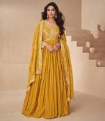 Mustard embroidery, secquins chinon silk gown - free size stitched(size upto 42")