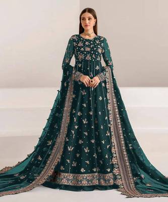 Teal green fauk gerogette sequin embroidered salwar suit 1