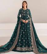 Teal green fauk gerogette sequence embroidered semi stitched salwar suit