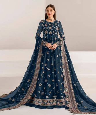 Navy blue fauk gerogette sequin embroidered salwar suit 1