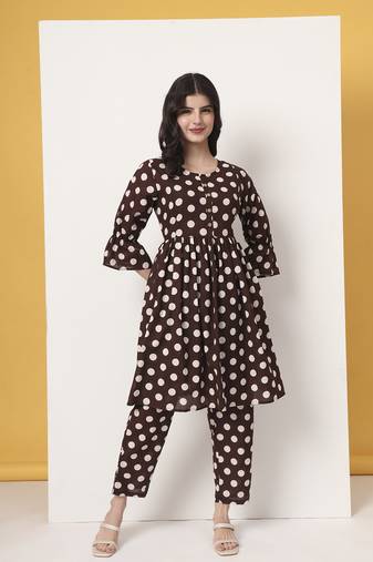 brown cotton maternity gathered or pleated kurta pants set