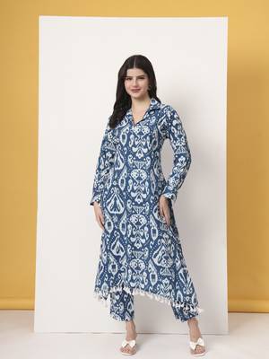 blue ikat pure cotton high low cord set 1