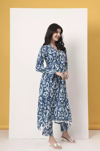 blue ikat pure cotton high low cord set