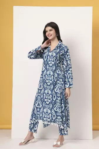 blue ikat pure cotton high low cord set