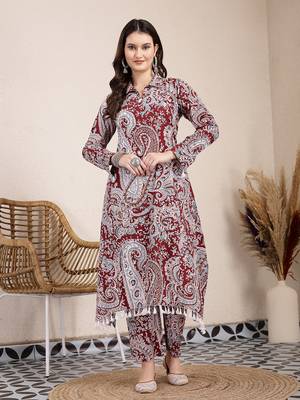 maroon pure cotton boho print co-ord set 1