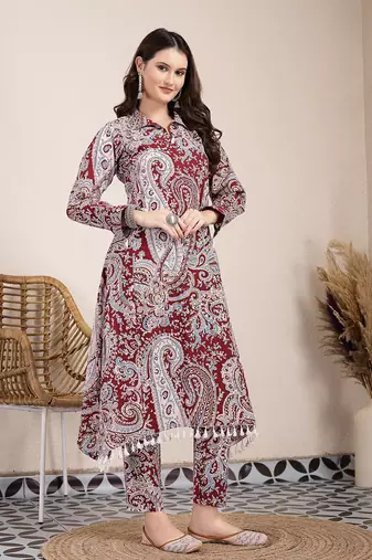 maroon pure cotton boho print co-ord set