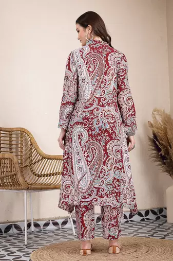maroon pure cotton boho print co-ord set