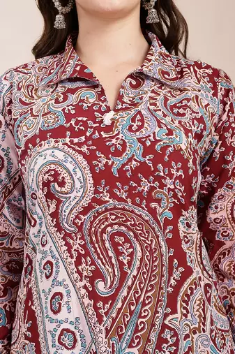 maroon pure cotton boho print co-ord set
