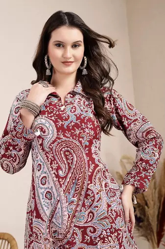 maroon pure cotton boho print co-ord set