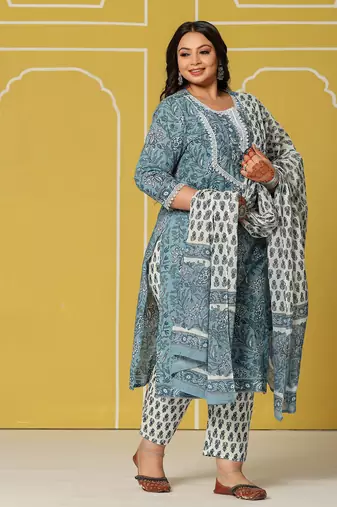 green cotton straight plus size kurta set