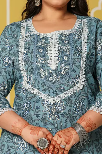 green cotton straight plus size kurta set