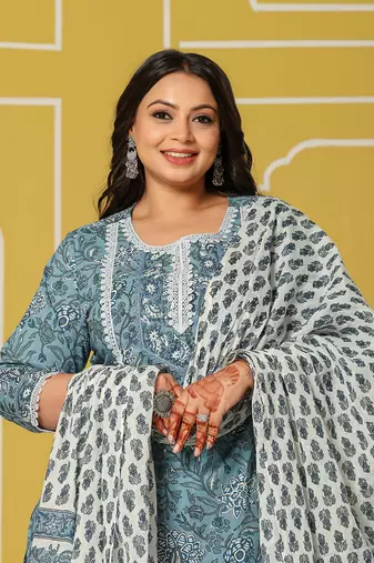 green cotton straight plus size kurta set